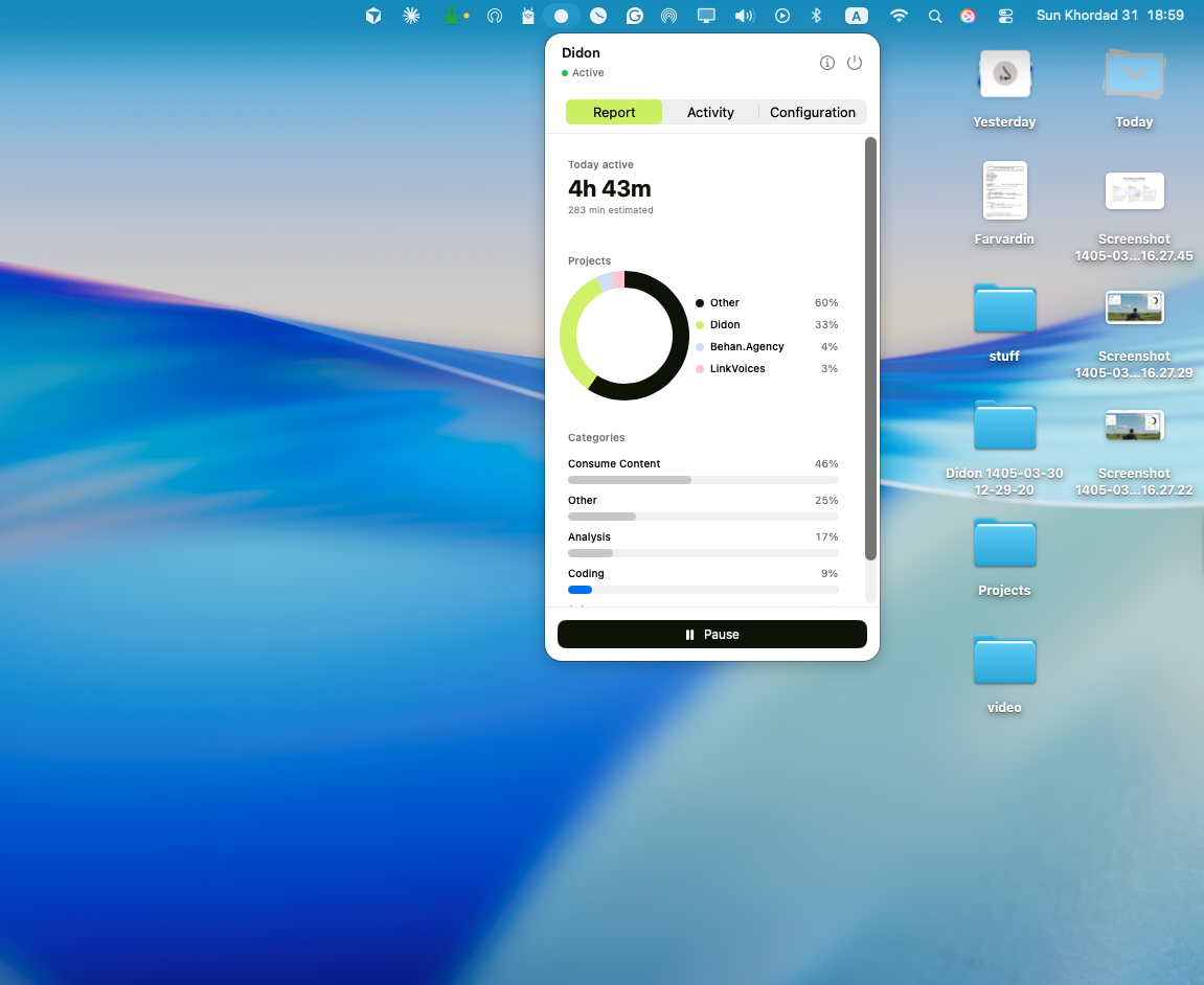 Didon desktop app showing automatically tracked time by project and work category